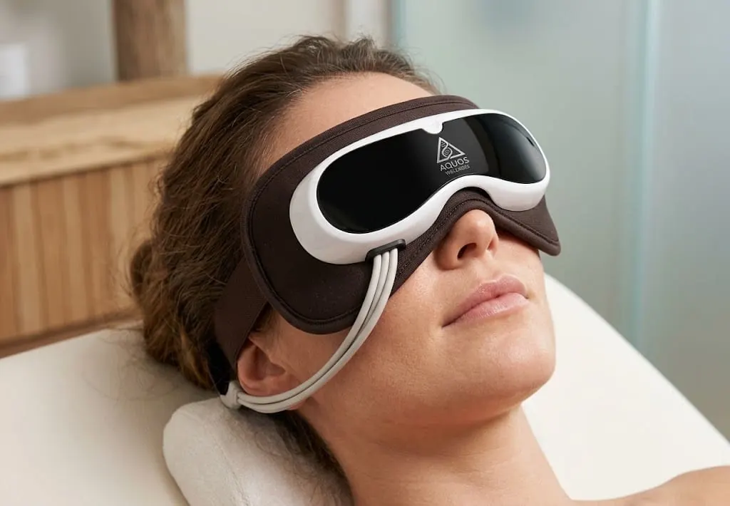 Antifaz de relajación ocular con controles de presión de aire, calor y vibración.